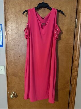 JM Collection Fuchsia Cold-Shoulder Midi Dress with Embellished Sleeves